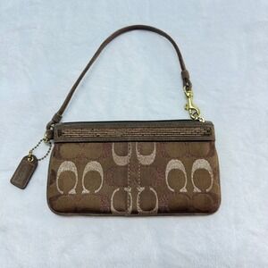 Coach Signature Lurex Beaded Embellishment Wristlet Brown Fabric Subtle Shimmer